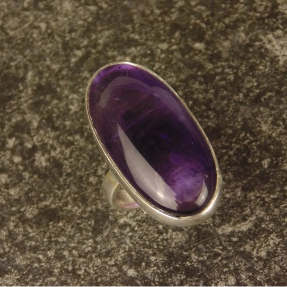 New Sterling Silver Long Oval Purple Amethyst Oblong Artisan Handmade Ring